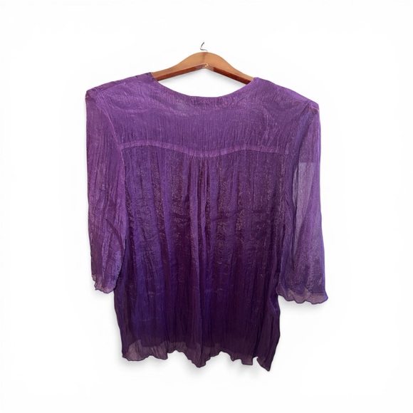 Purple Sheer Crinkle Button-Front Women's Fairy-core Boho Shimmer Sheer Blouse - Picture 3 of 5